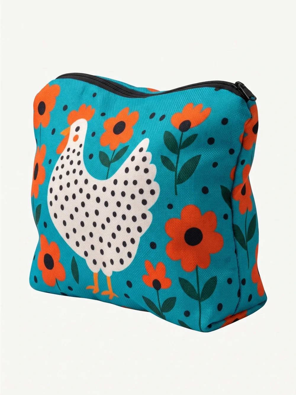 White Polka Dot Chicken Zipper Pouch Bag - Turquoise and Orange
